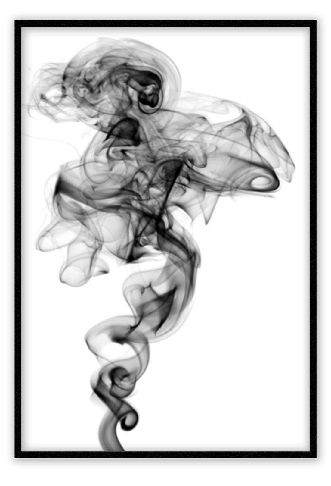 Minimal modern print portrait rising black smoke white background.