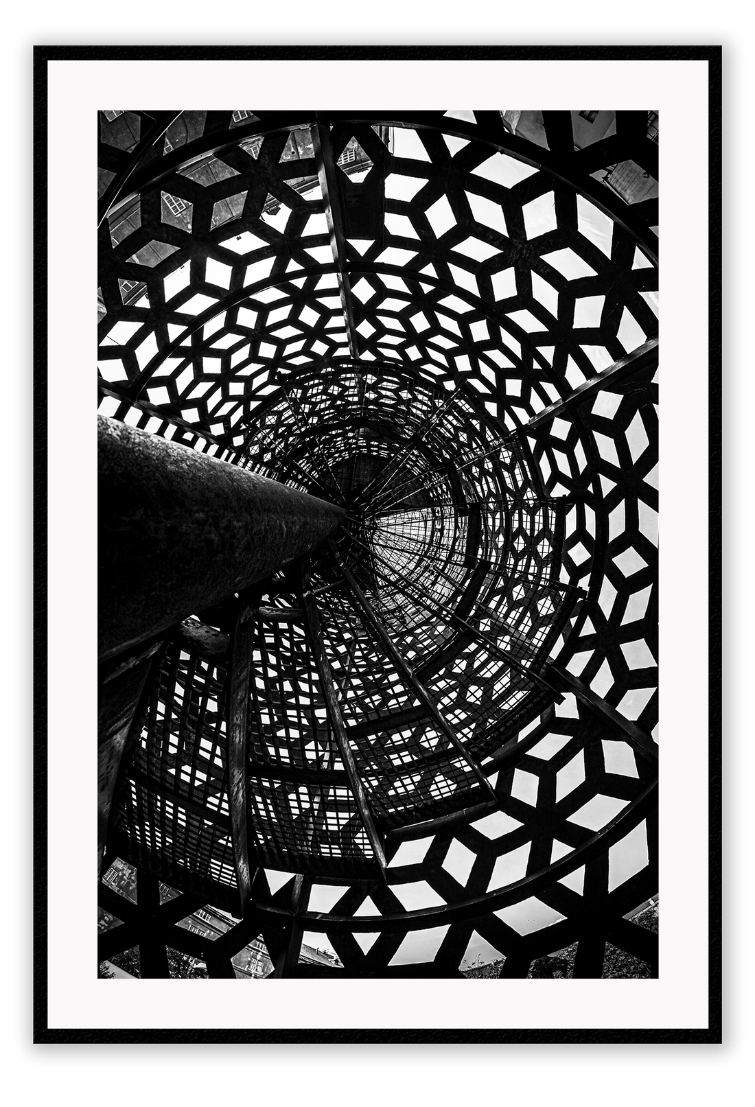 Photography print black and white shadows created by staircase geometric pattern  