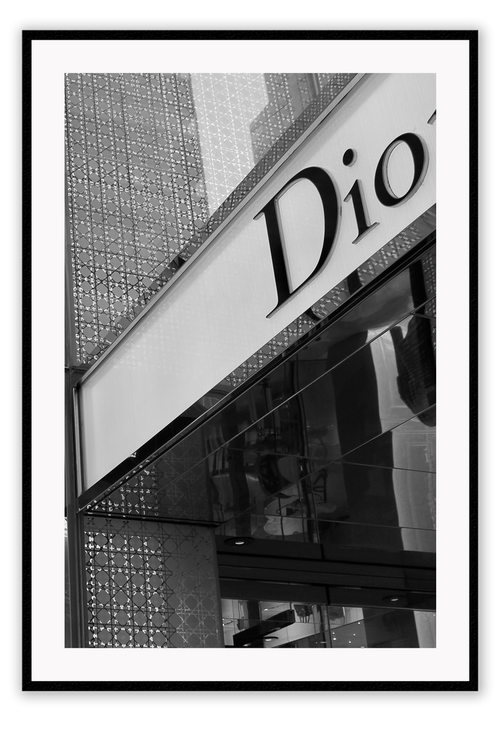 Christian Dior shop front fashion black and white print portrait, iconic 