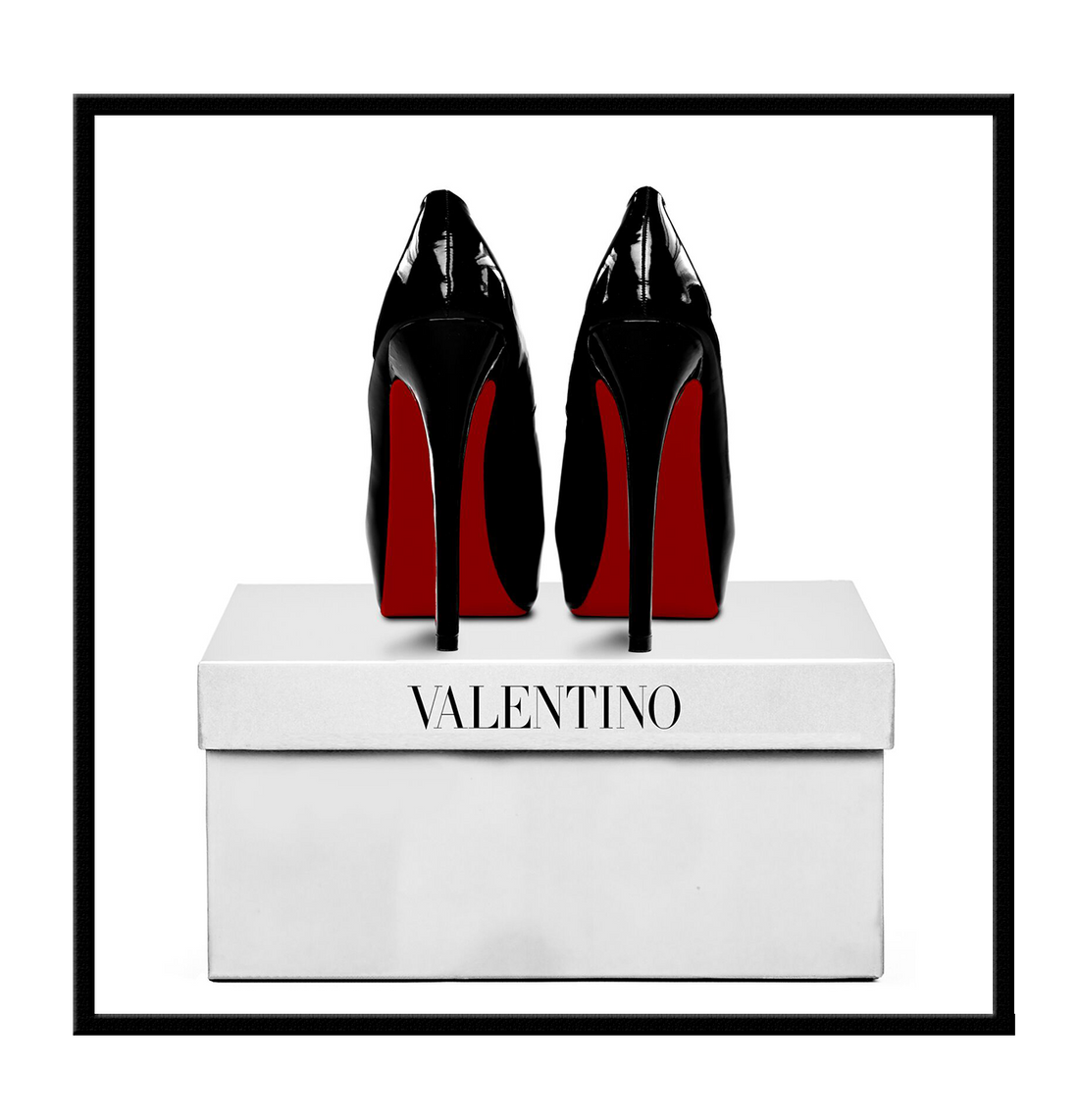 Square photography of red bottom black heels on top of a white valentino box on a white background  