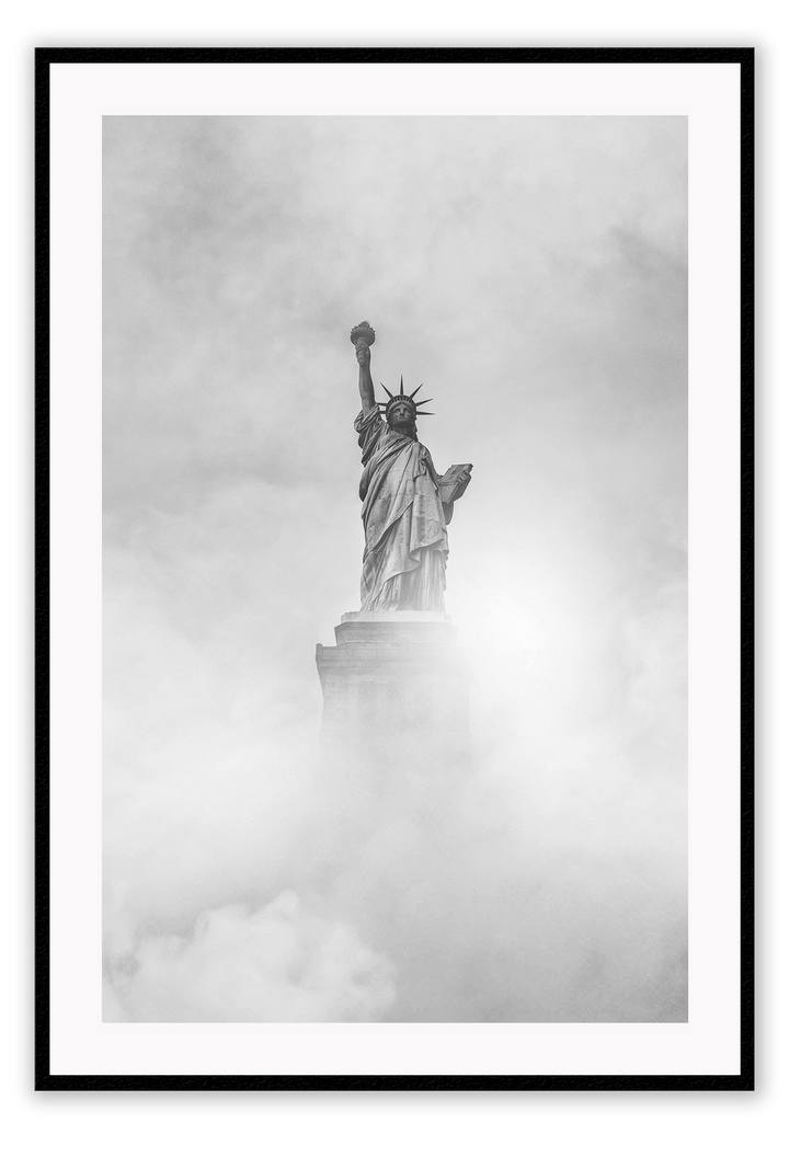 Black and white New York portrait print with statue in clouds foggy moody minimal iconic