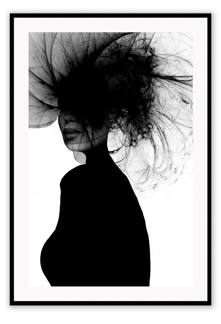 A black and white fashion wall art of a lady with tulle headpiece in all black silhouette on a white background