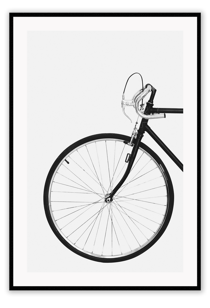 A black and white wall art with a scandi bike white background