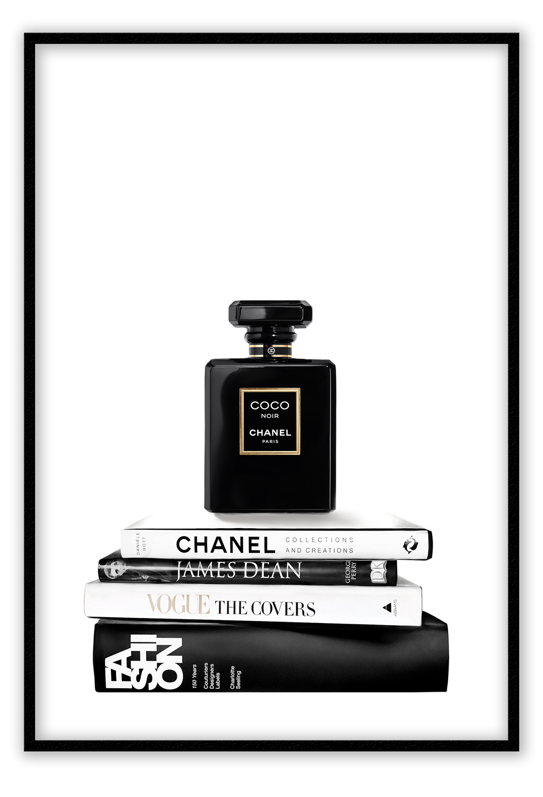 portrait print with black and white books and chanel perfume bottle on the top 