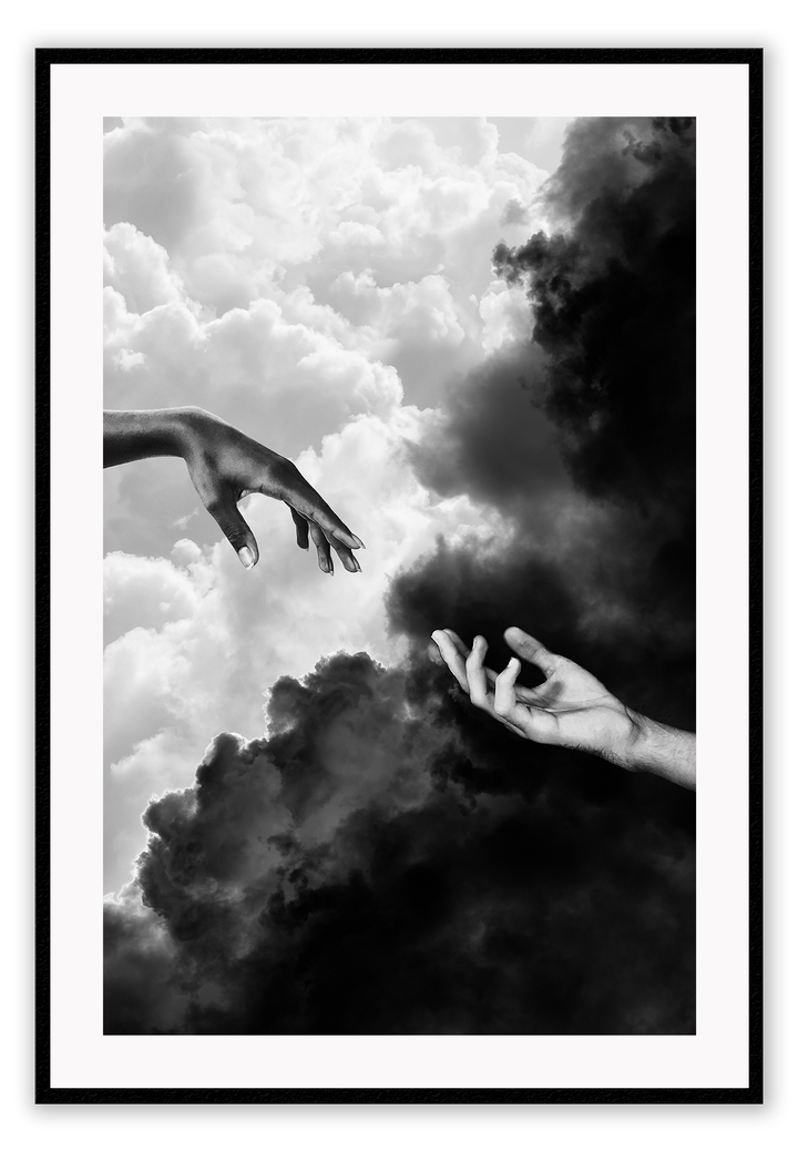 Hands touching in sky clouds, black and white, sistine chapel michaelangelo and the creation of adam 