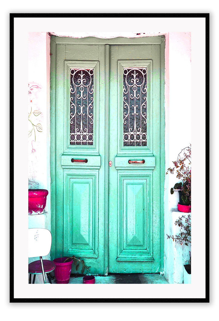 Boho green door vintage distressed framed print art  