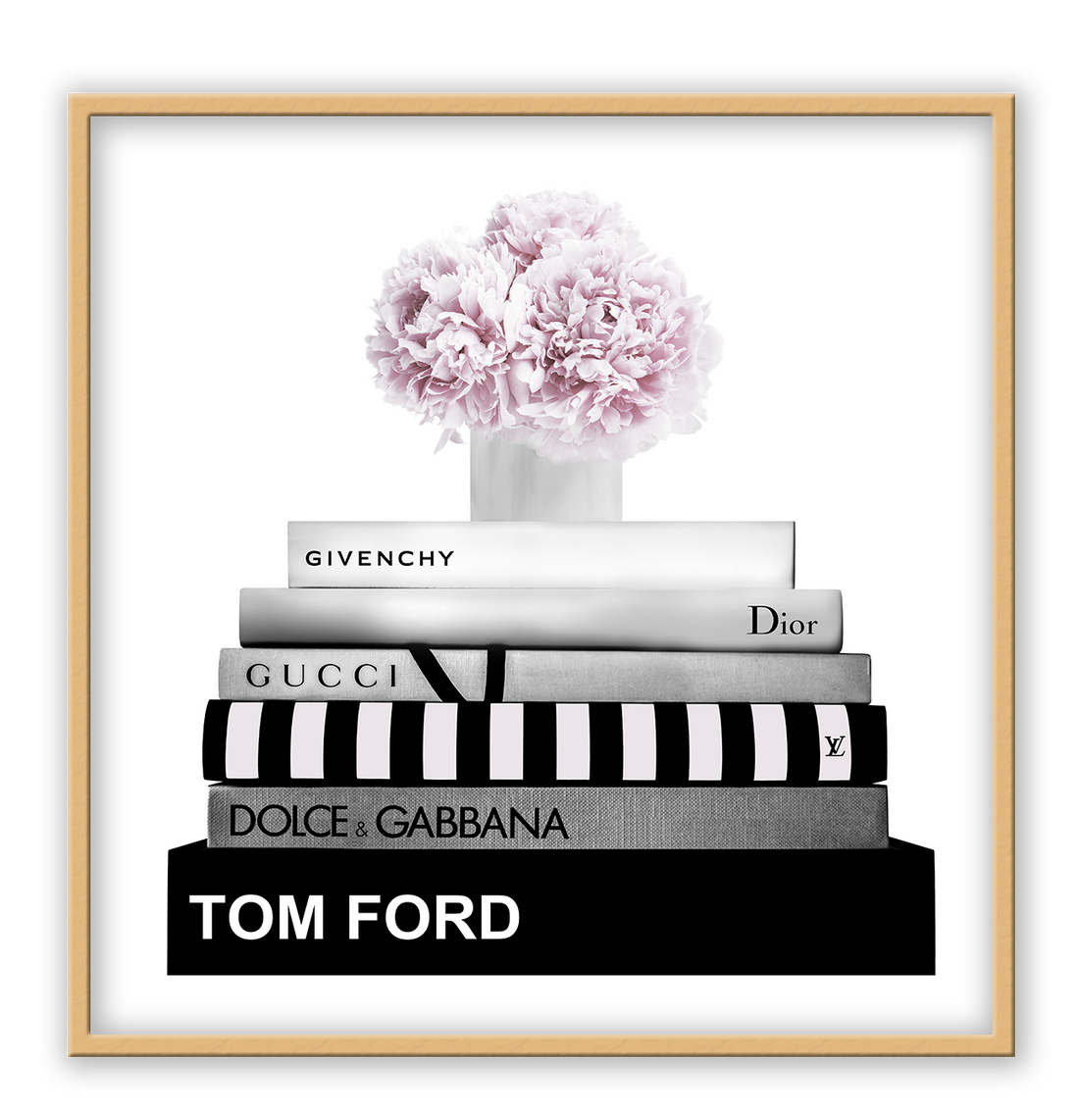 Fashion art square print stacked designer book floral arrangement on top tom ford chanel pink black white border.