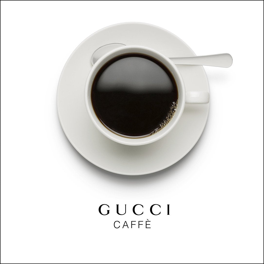 A pink or black and white fashion wall art with a coffee cup and Gucci fashion label in Gucci Caf≈Ω