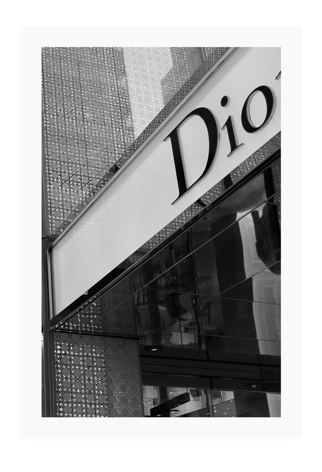 Christian Dior shop front fashion black and white print portrait, iconic 