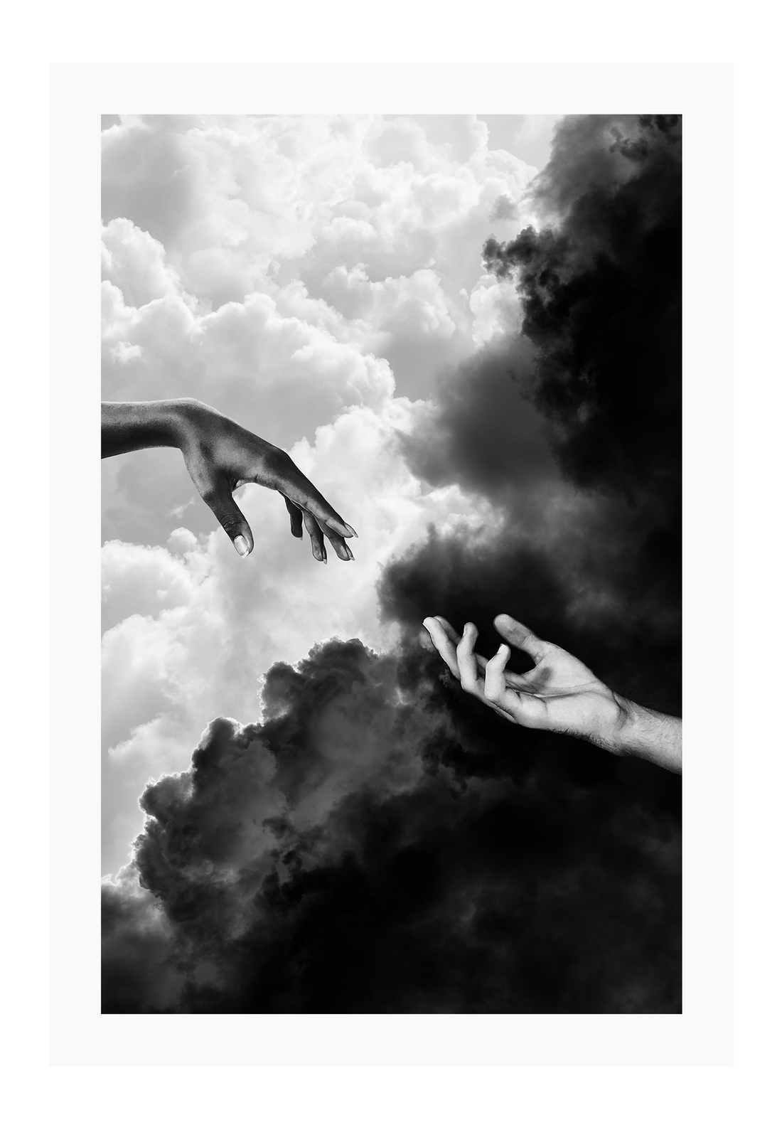 Hands touching in sky clouds, black and white, sistine chapel michaelangelo and the creation of adam 