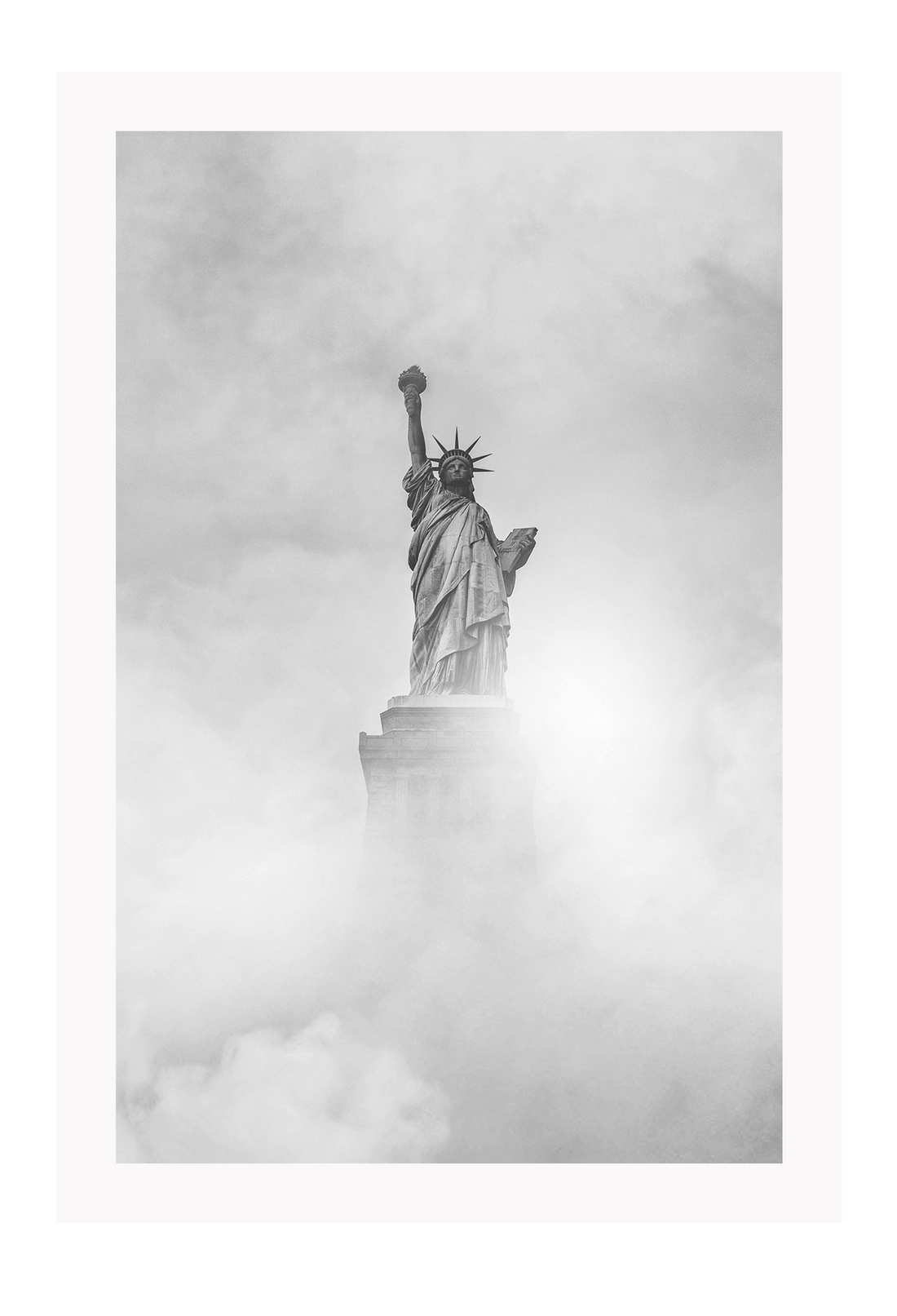 Black and white New York portrait print with statue in clouds foggy moody minimal iconic