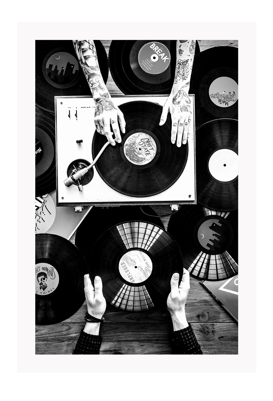 Black and white photography record music tattoos portrait print 