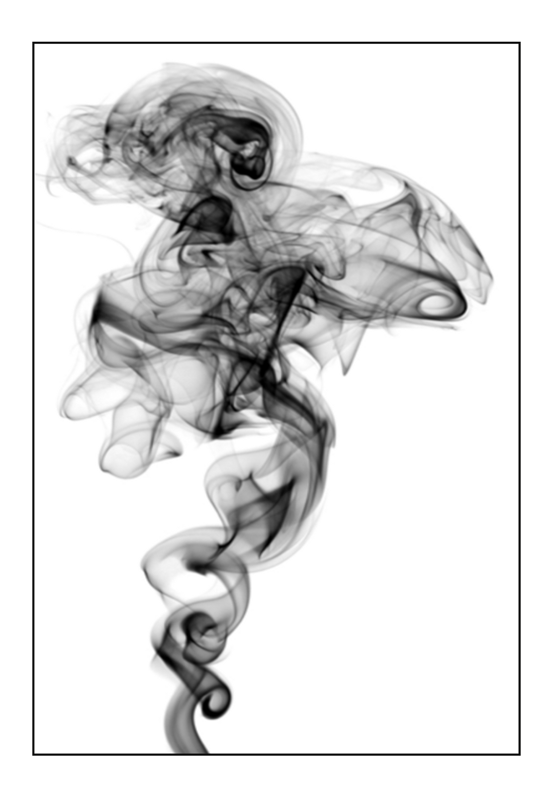 Minimal modern print portrait rising black smoke white background.