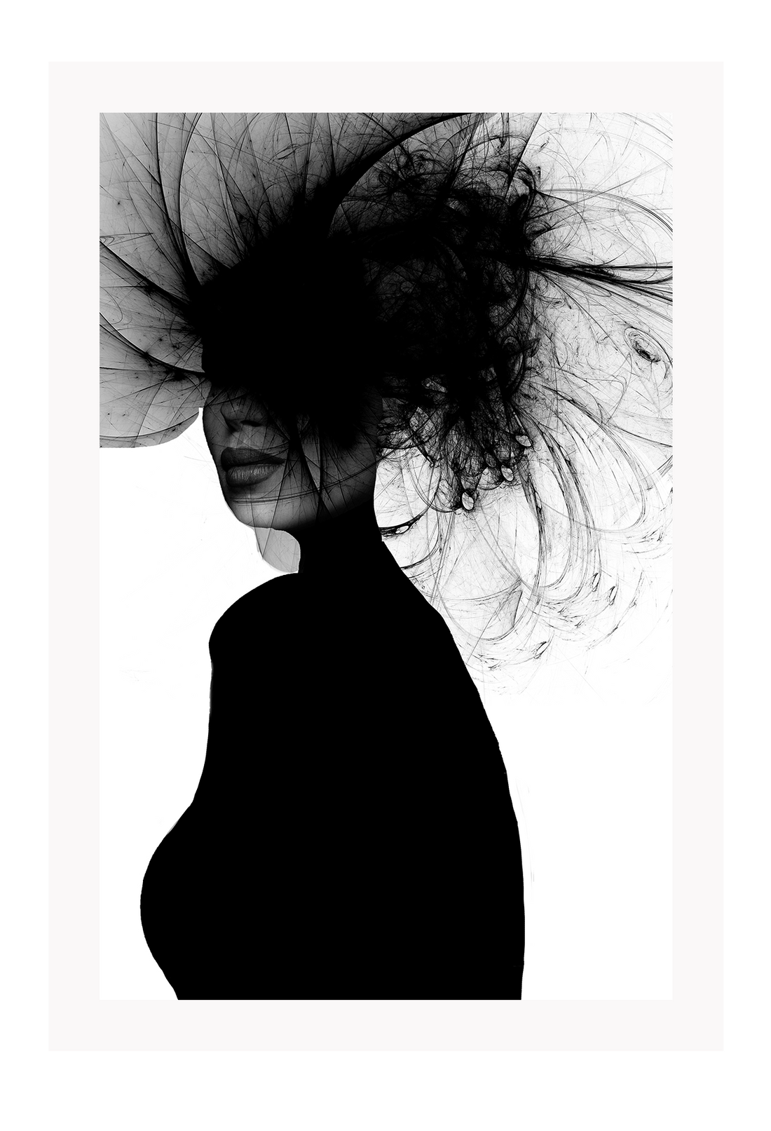 A black and white fashion wall art of a lady with tulle headpiece in all black silhouette on a white background