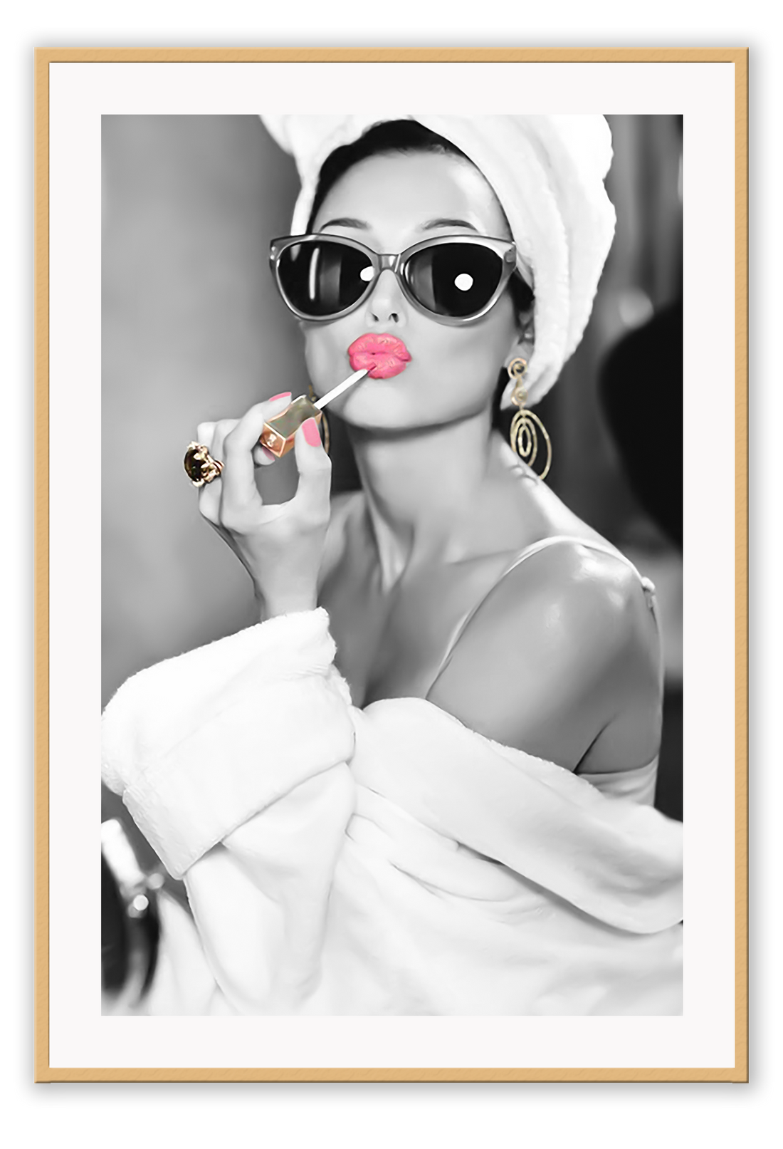 A black and white fashion print with sexy lady in lingerie pink lips and sunglasses gold jewelwry 