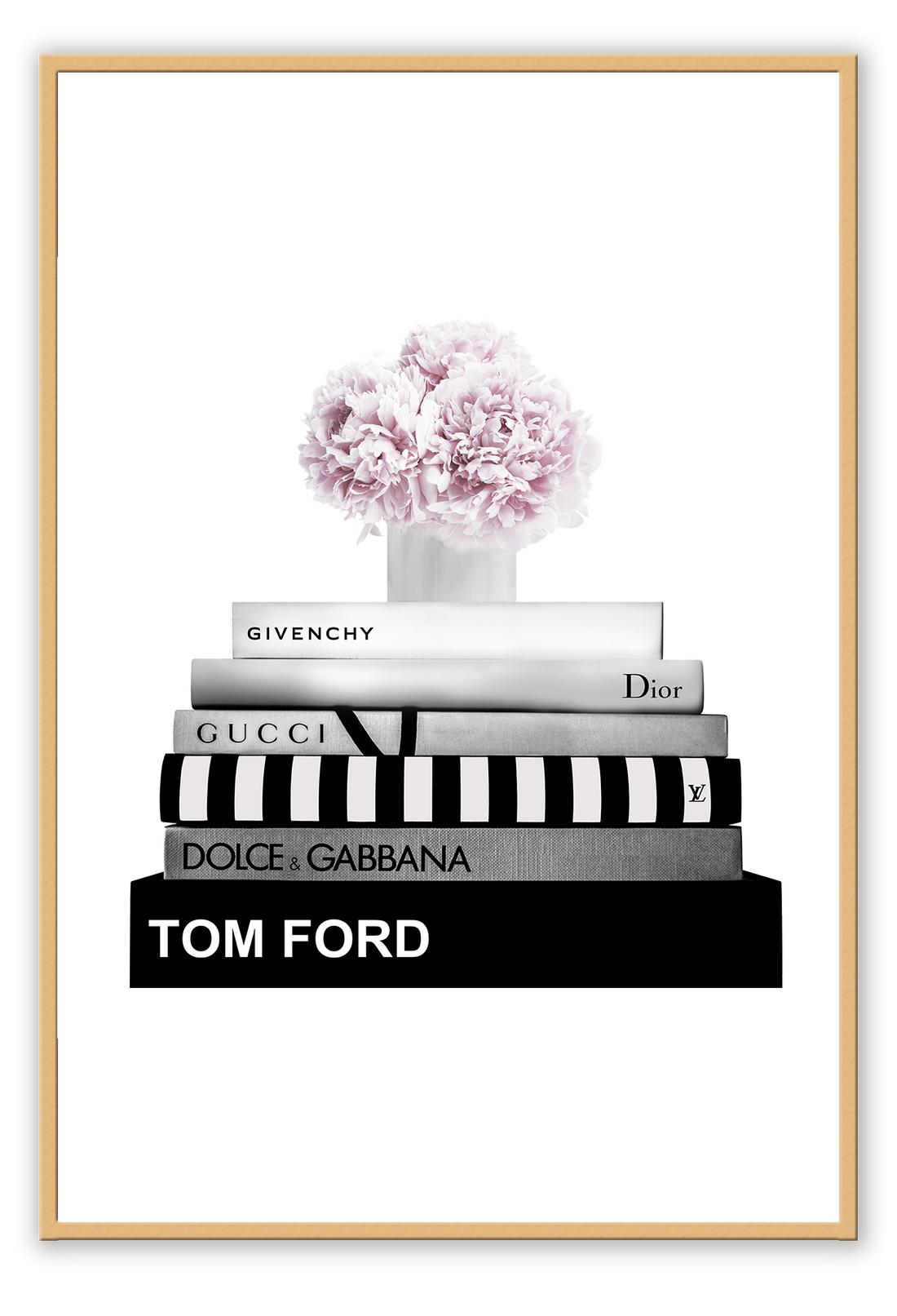 Fashion print black and white fashion books stacked pink  flowers on top givenchy gucci tom ford dolce dior  