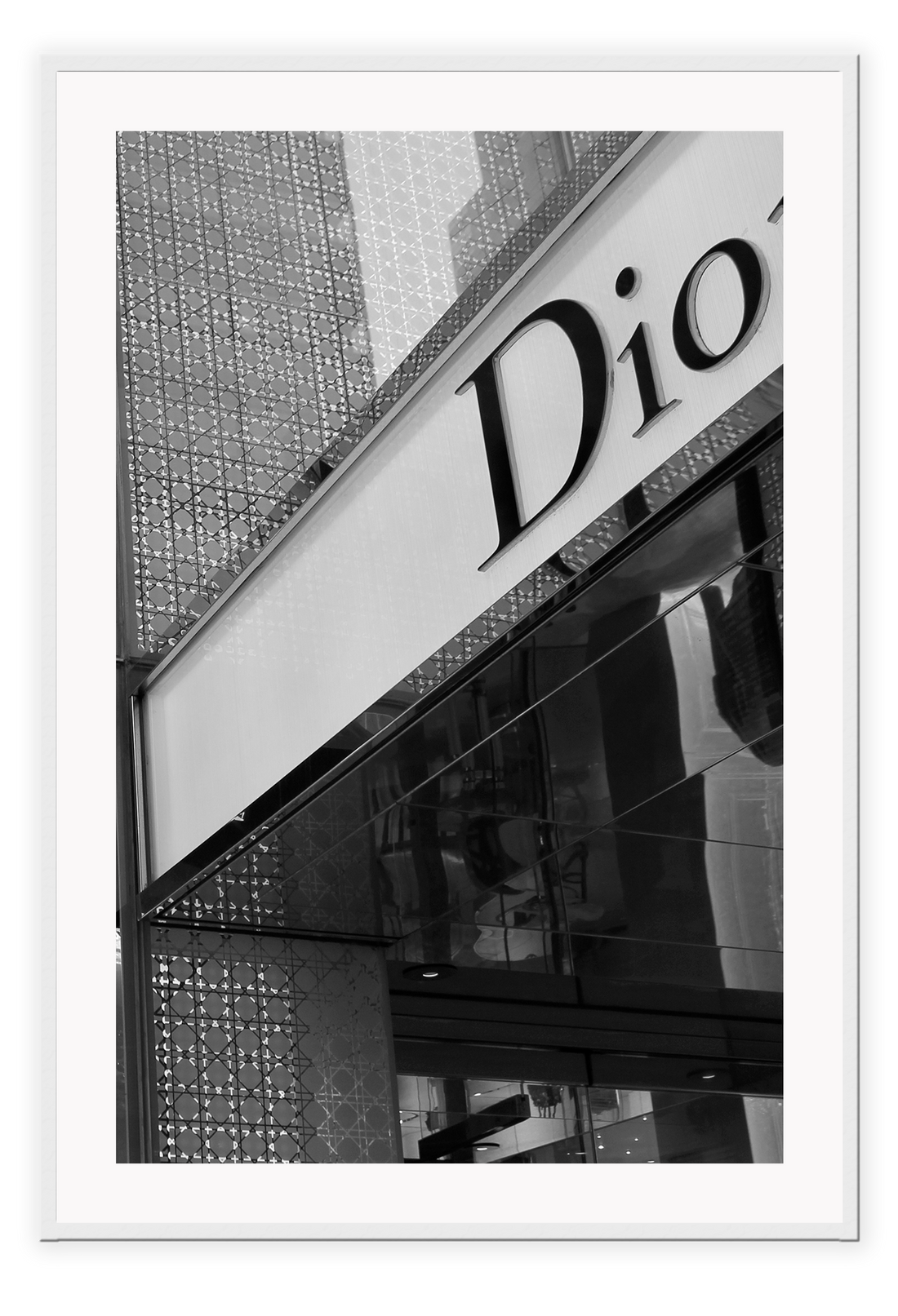 Christian Dior shop front fashion black and white print portrait, iconic 