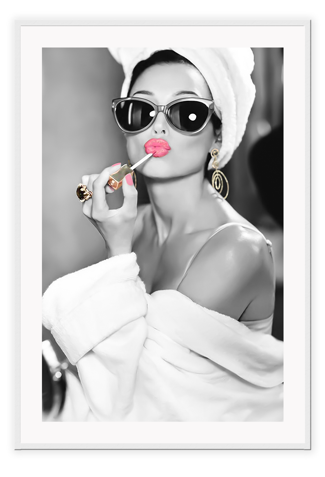 A black and white fashion print with sexy lady in lingerie pink lips and sunglasses gold jewelwry 