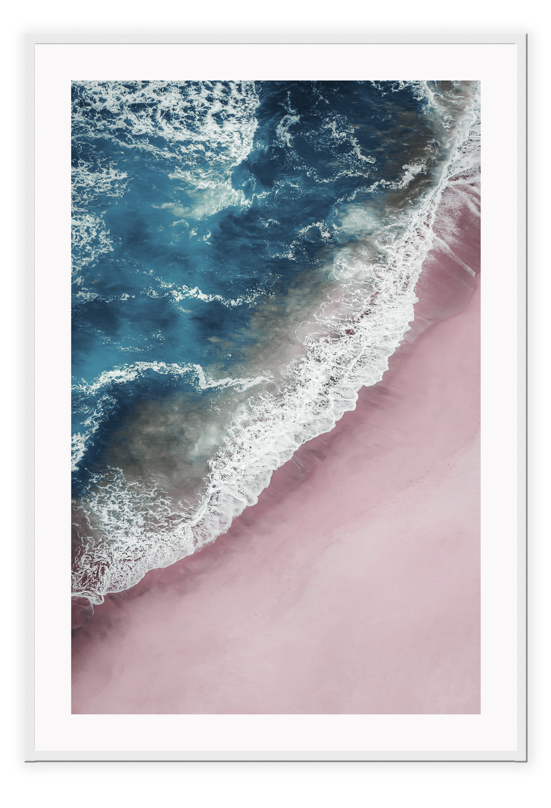 Ocean blue print white wash waves pink sand portrait 