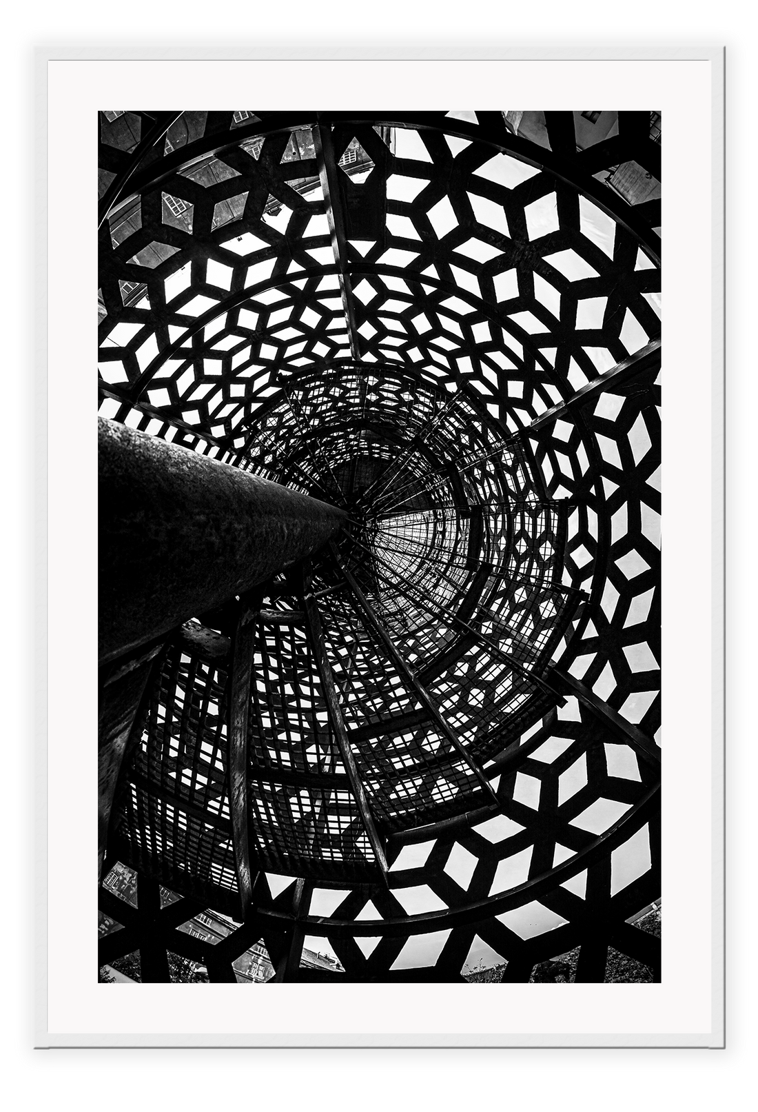 Photography print black and white shadows created by staircase geometric pattern  