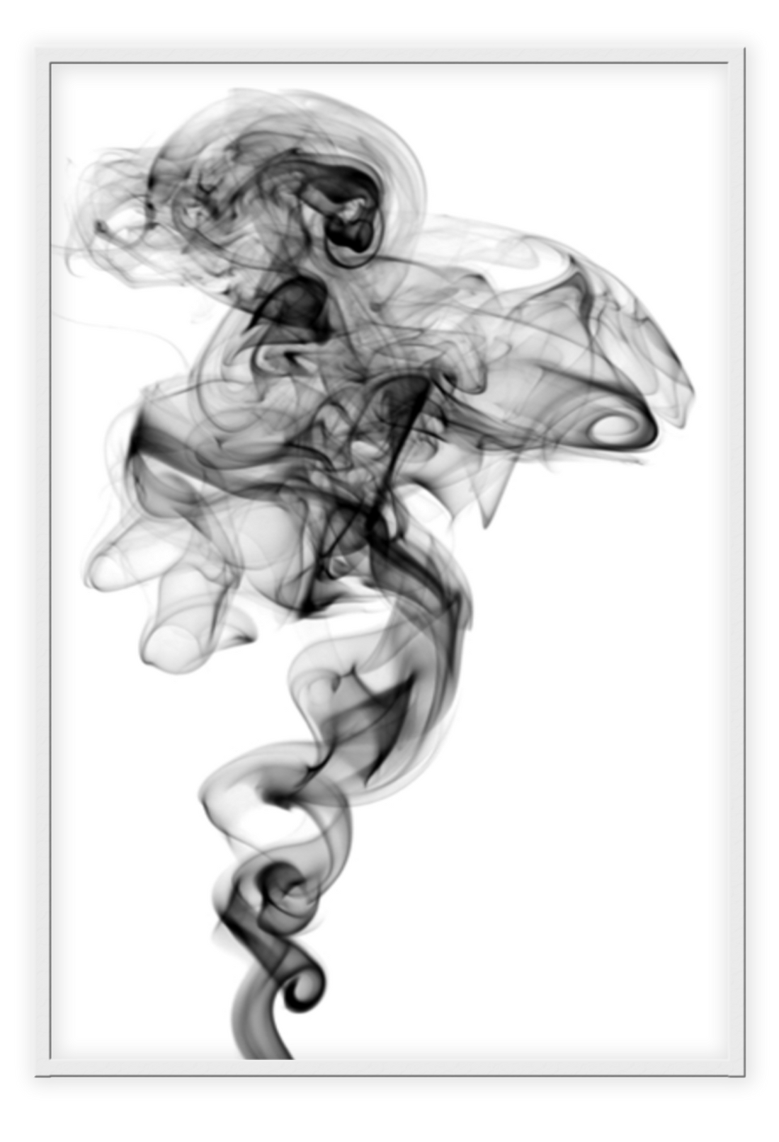 Minimal modern print portrait rising black smoke white background.