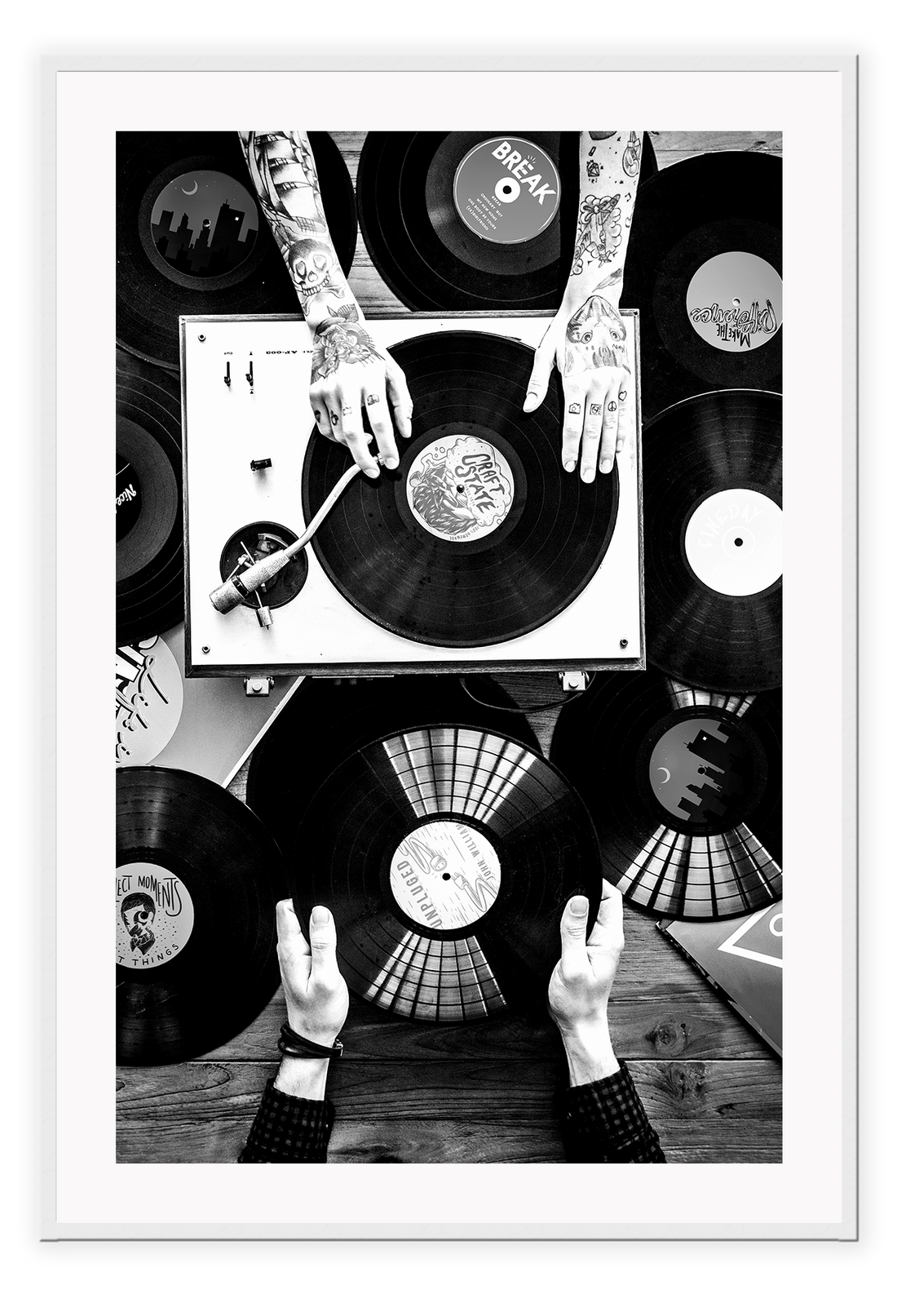 Black and white photography record music tattoos portrait print 