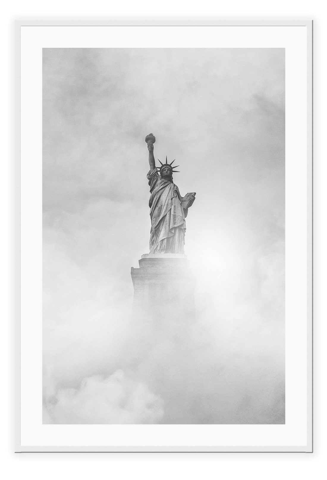 Black and white New York portrait print with statue in clouds foggy moody minimal iconic