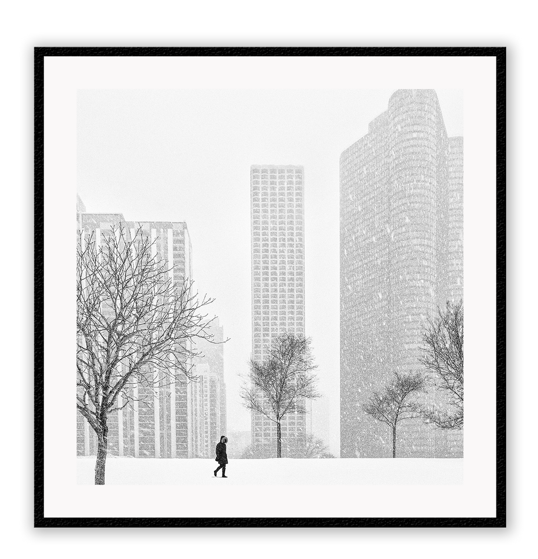 Urban print with black and white city in winter New York City Central Park in square orientation. 