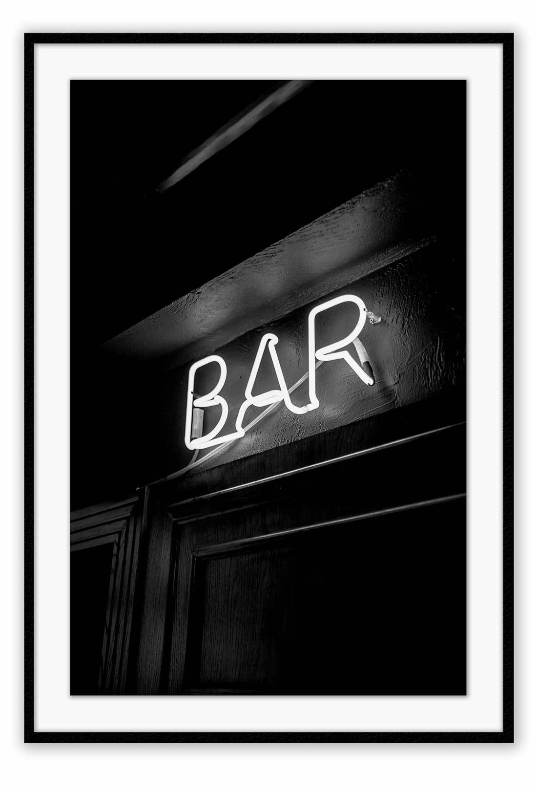 A fashion typography wall art of neon bar sign in black and white. 