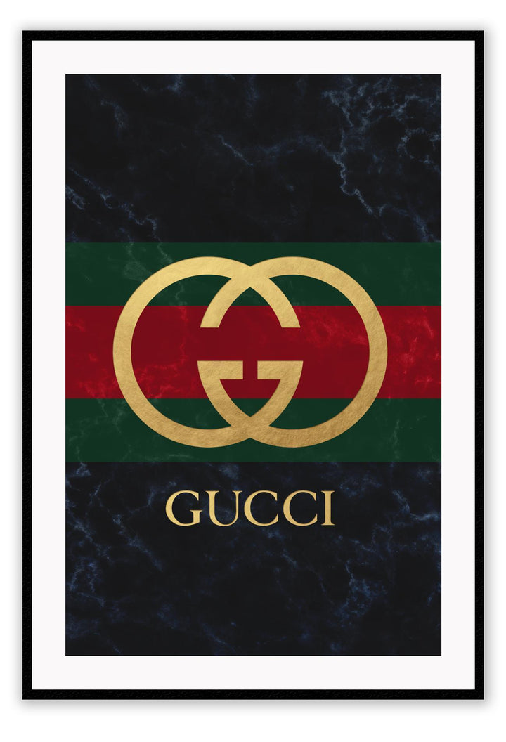 Portrait fashion print with gold gucci logo on green and red stripe with dark grey washed background