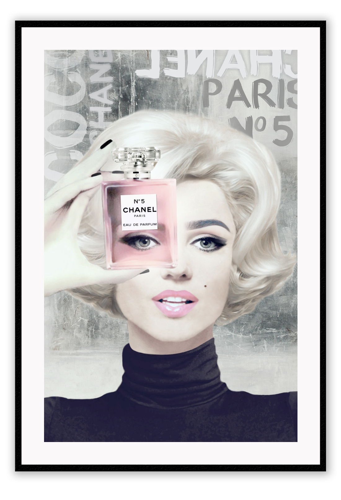 Fashion illustration iconic Marilyn Monroe holding Chanel perfume bottle in pink 