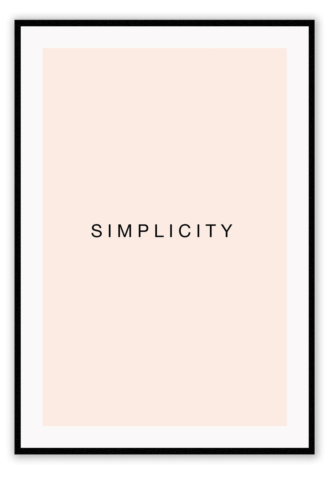 Minimal scandi art portrait of word simplicity word black text on blush rose pink background.