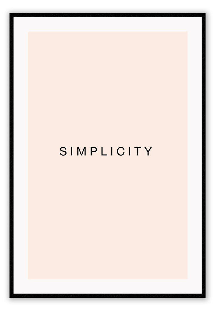 Minimal scandi art portrait of word simplicity word black text on blush rose pink background.