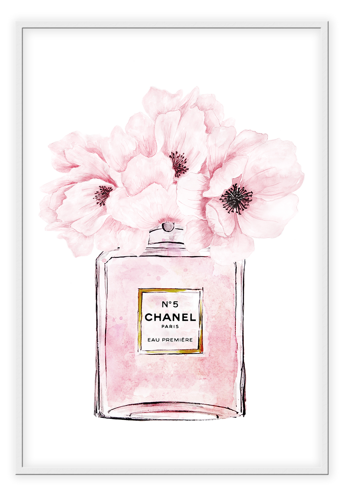 A fashion wall art with chanel N5 Paris pink perfume bottle and a pink flower lid. 