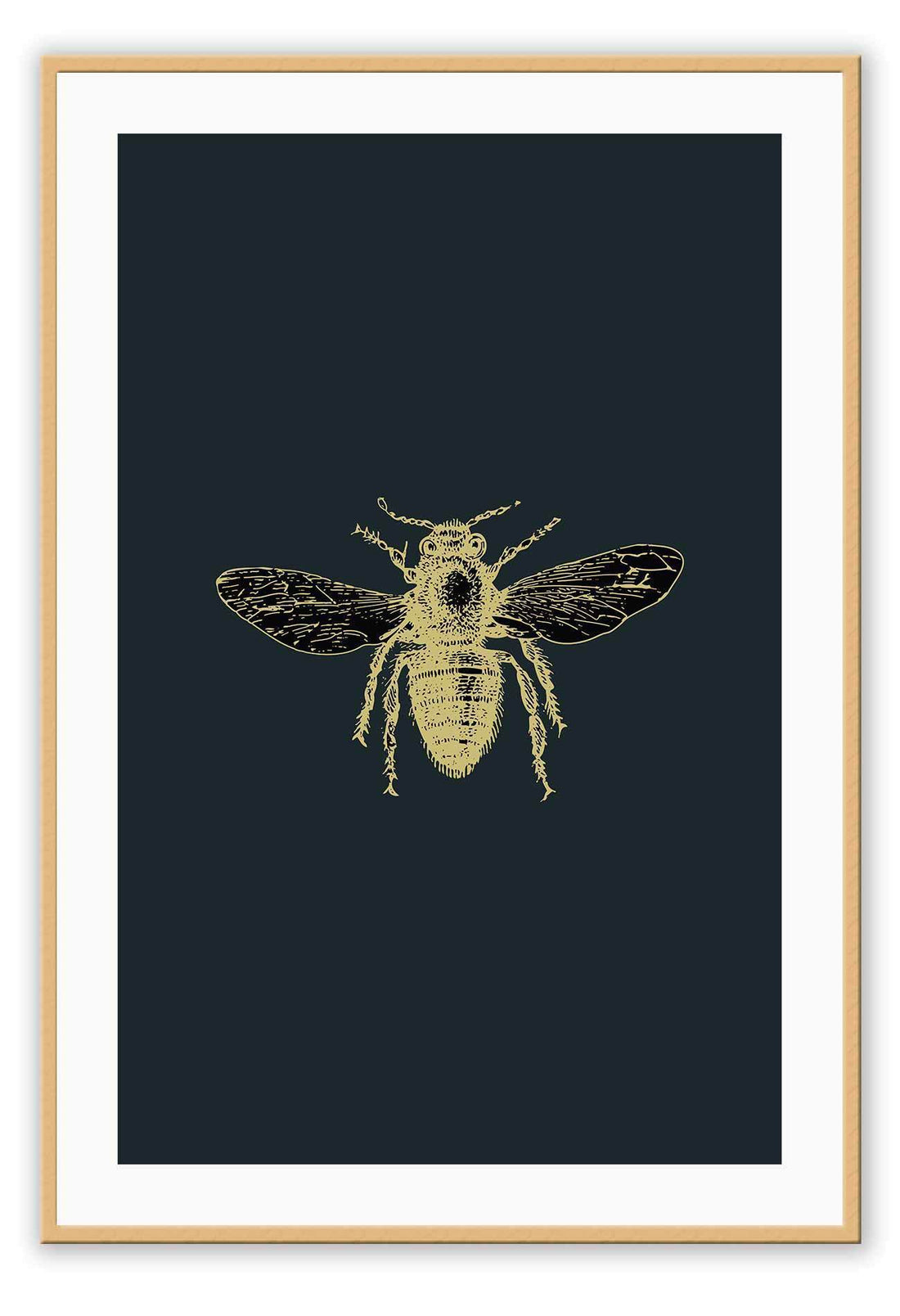 A natural wall art with brass bee on navy blue background that mimics an insect sample