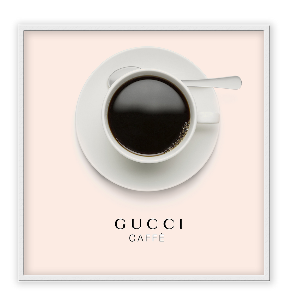 A pink or black and white fashion wall art with a coffee cup and Gucci fashion label in Gucci Caf≈Ω