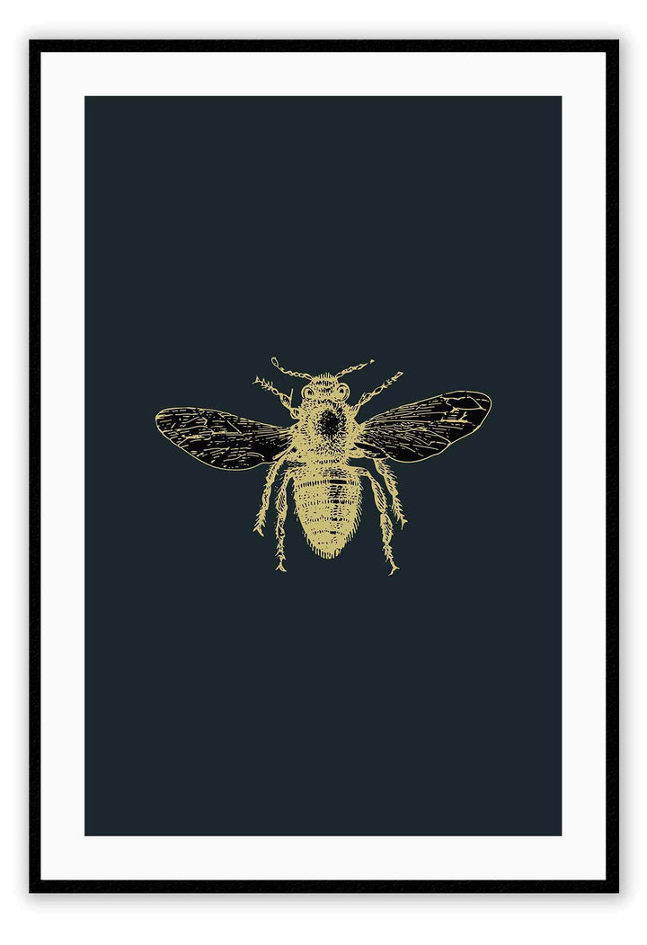 A natural wall art with brass bee on navy blue background that mimics an insect sample