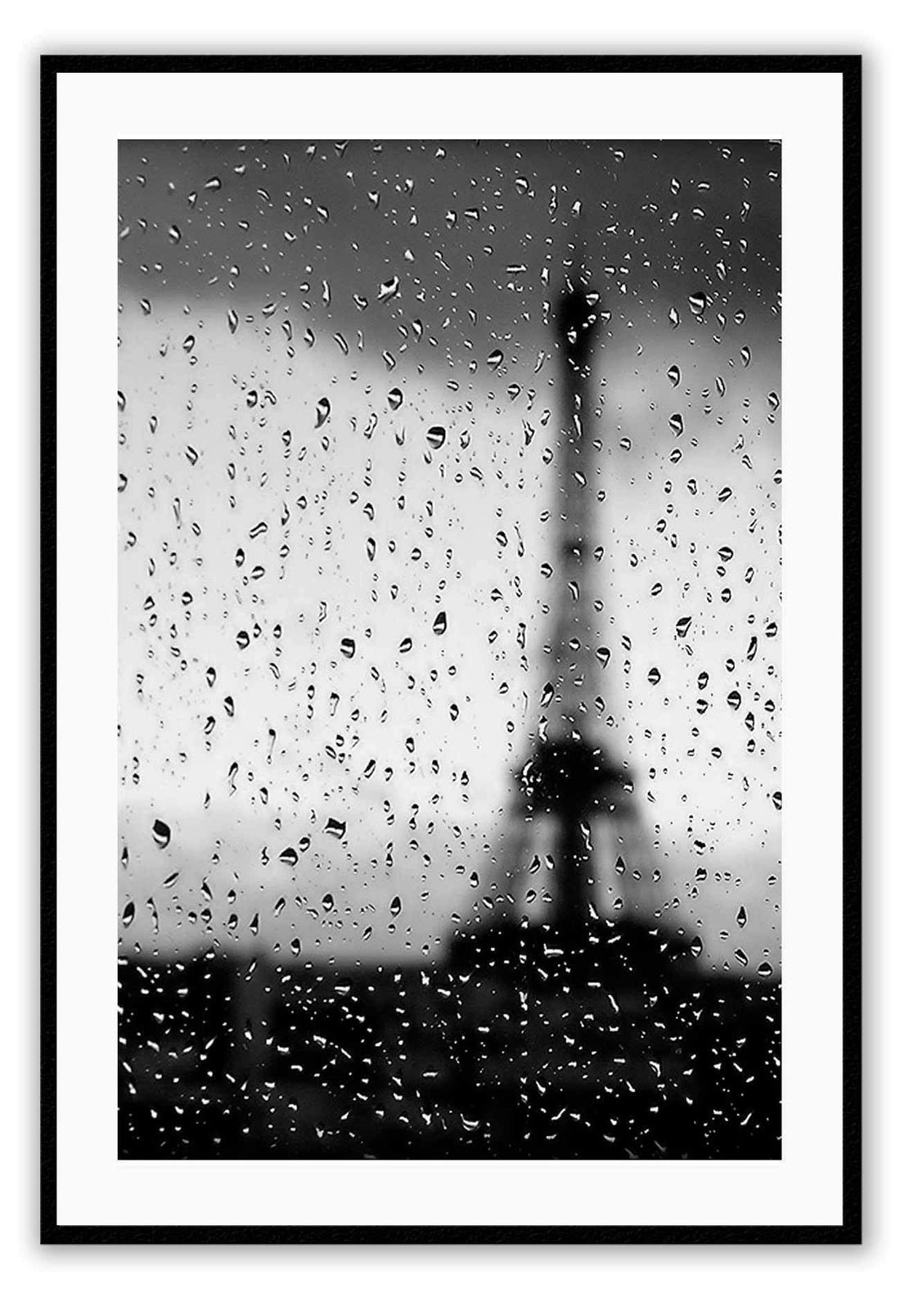 An urban wall art with a window view of raining Paris Eiffel Tower