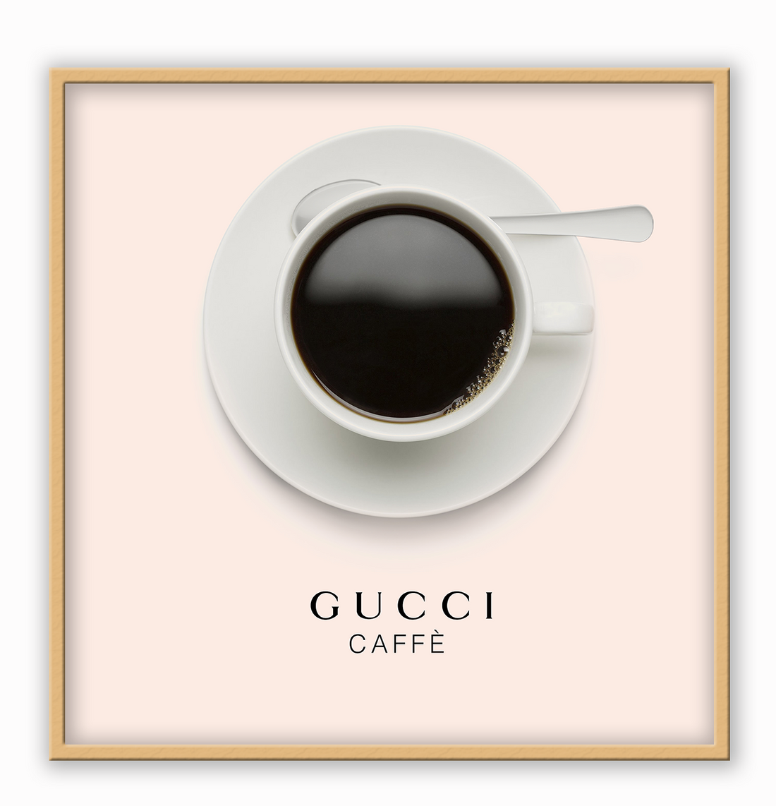 A pink or black and white fashion wall art with a coffee cup and Gucci fashion label in Gucci Caf≈Ω