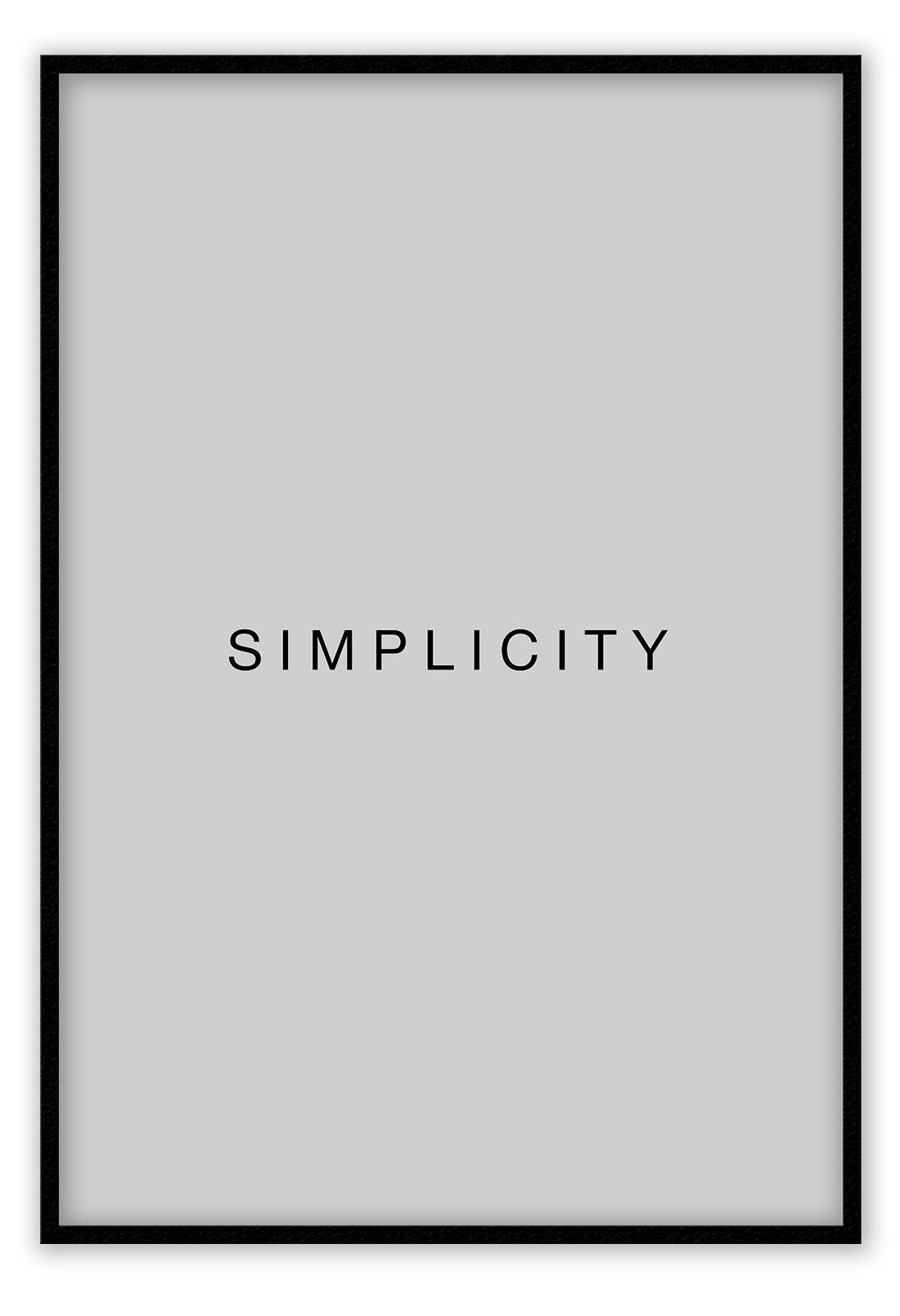 Typography print with the word SIMPLICITY in black text on a grey background. 