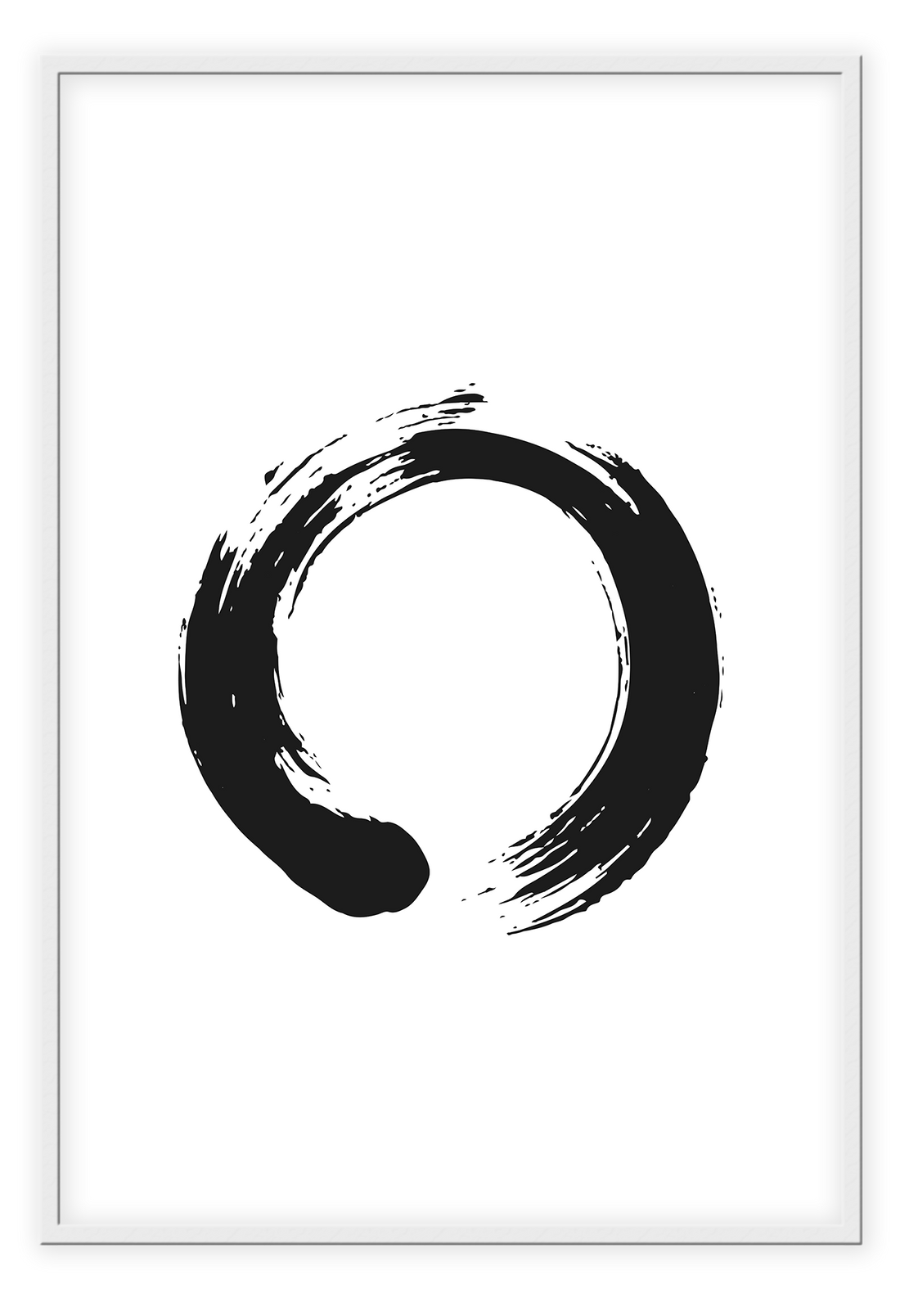 A simple, abstract wall art with a single black infinity ink ring on white background. 