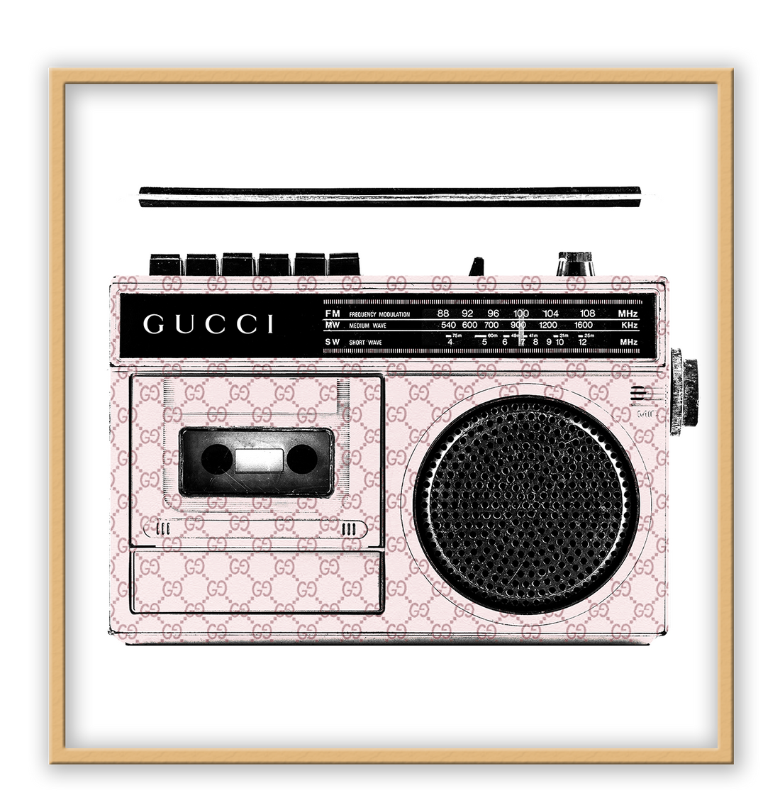 Fashion print with Gucci branded boombox and monogramming in pink with a white background. 