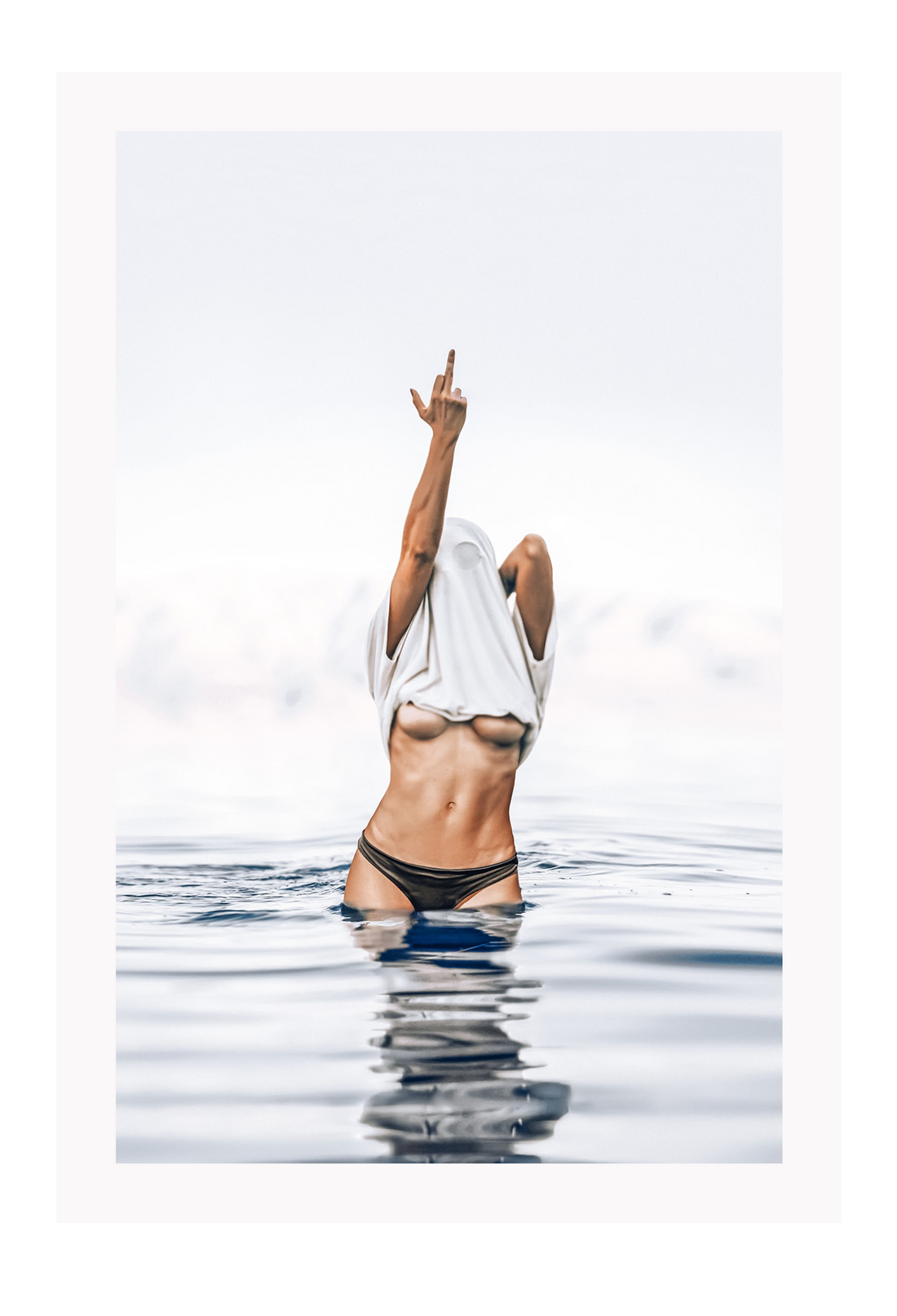 Woman photography beach sexy middle finger in water blue and white and nude