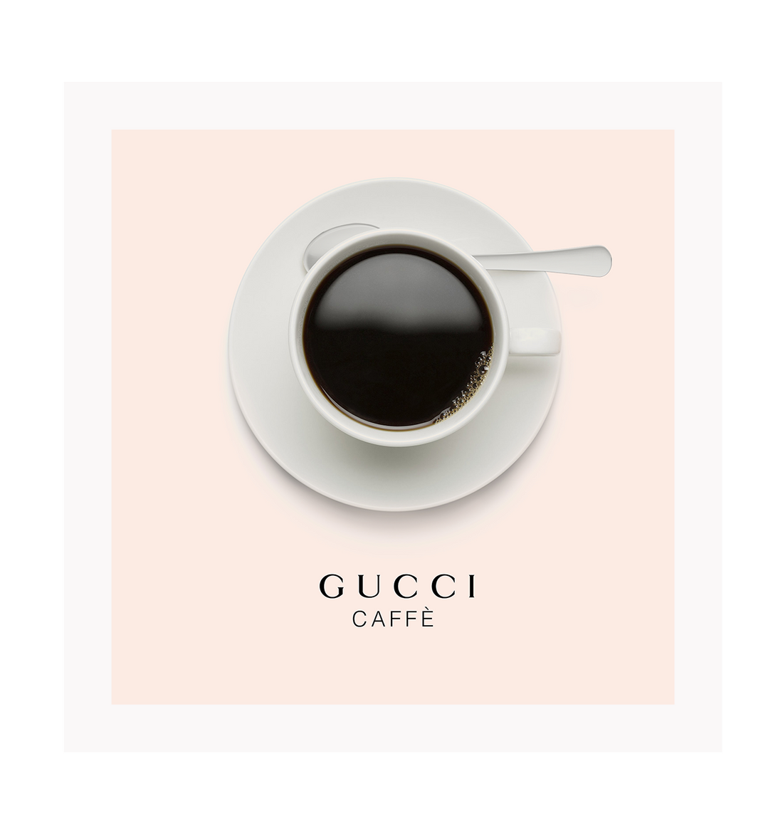 A pink or black and white fashion wall art with a coffee cup and Gucci fashion label in Gucci Caf≈Ω