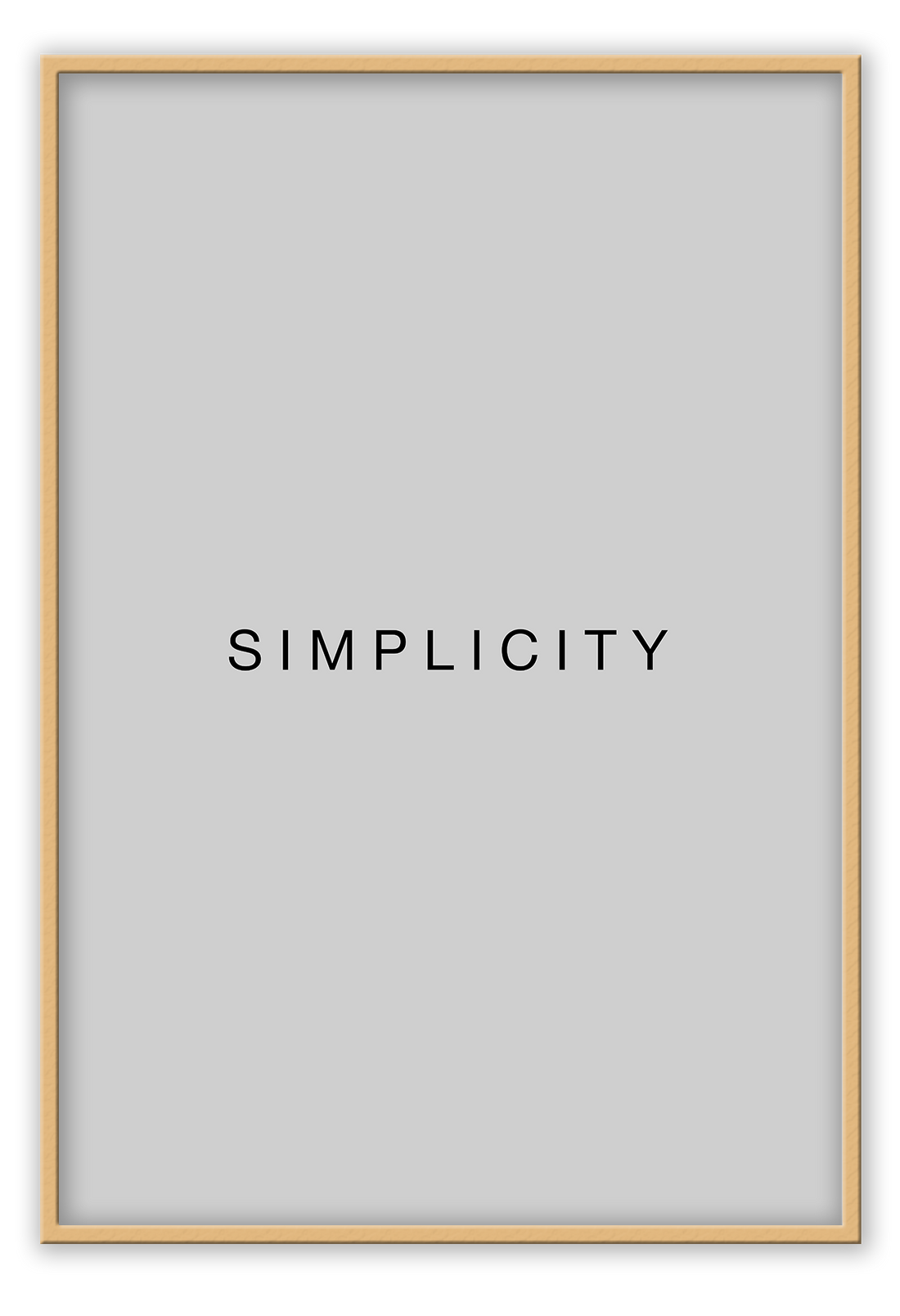 Typography print with the word SIMPLICITY in black text on a grey background. 