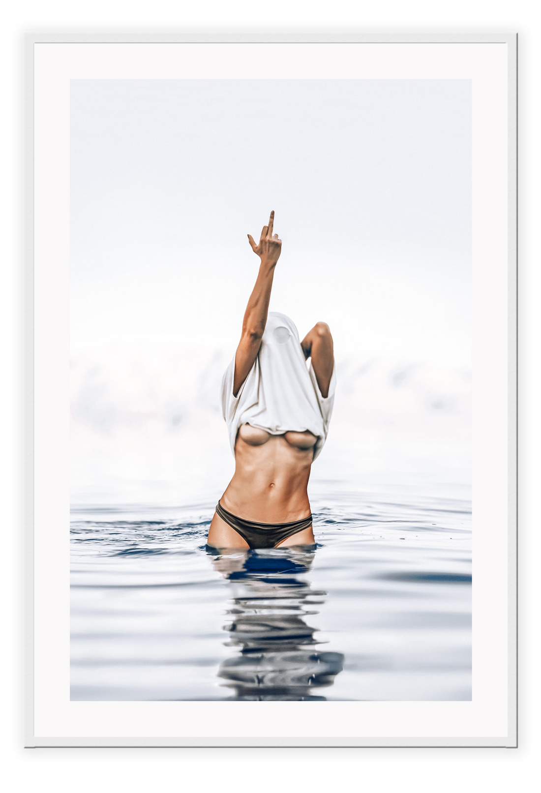 Woman photography beach sexy middle finger in water blue and white and nude