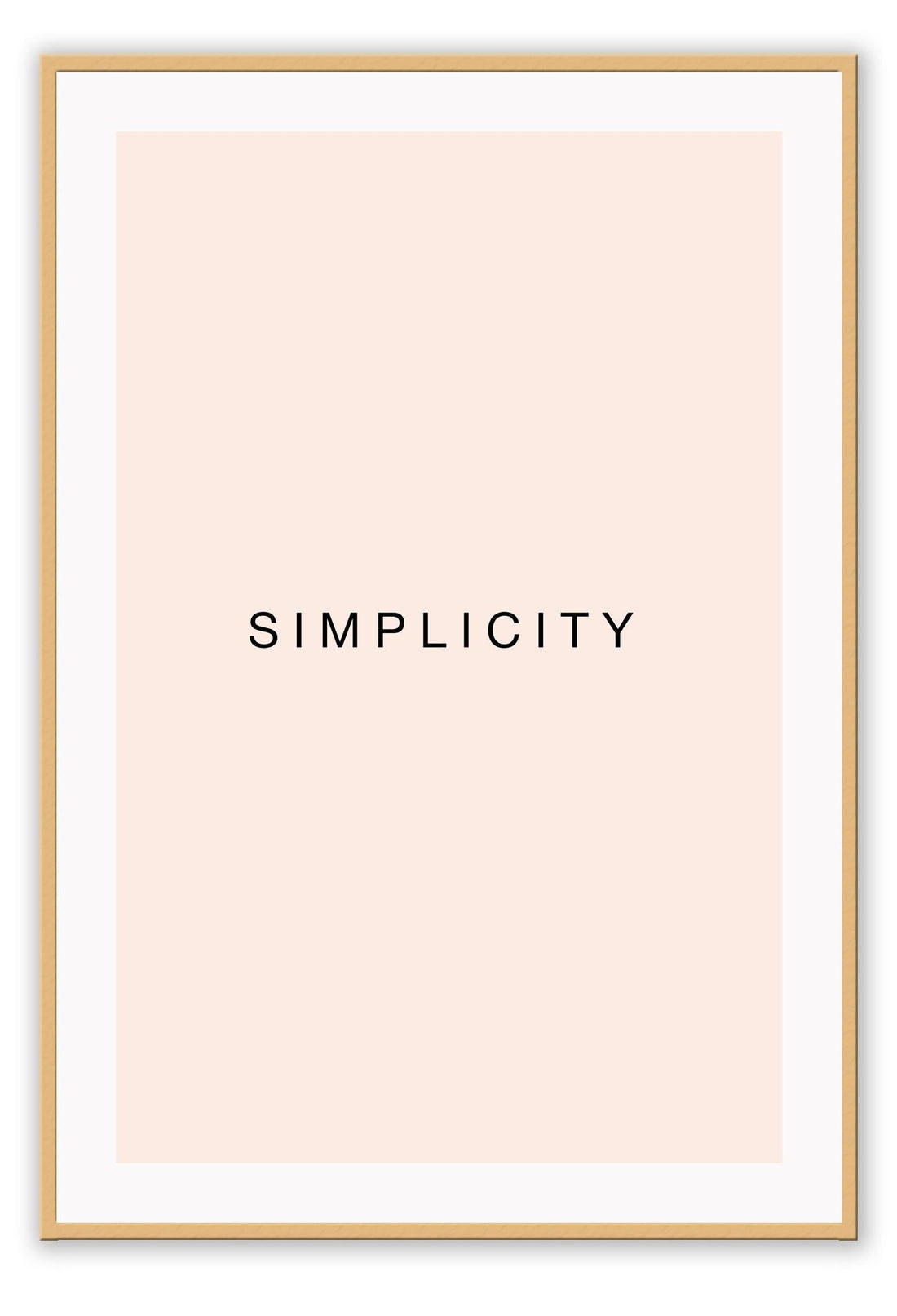 Minimal scandi art portrait of word simplicity word black text on blush rose pink background.