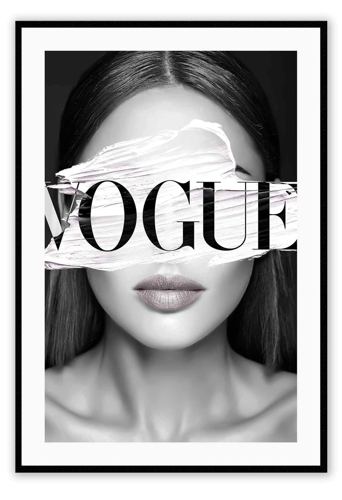 A fashion wall art of a fashion female model and white stripe on eyes and Vogue fashion label. 