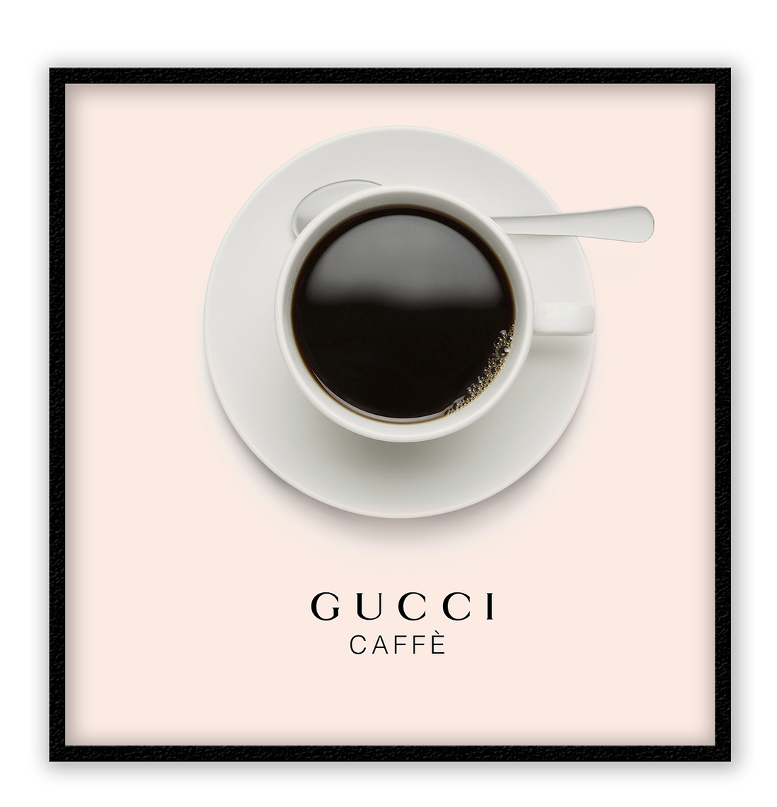 A pink or black and white fashion wall art with a coffee cup and Gucci fashion label in Gucci Caf≈Ω