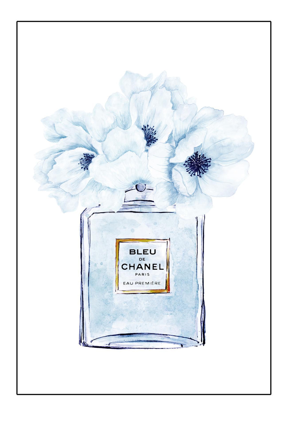 Blue perfume bottle fashion iconic white background Chanel Coco